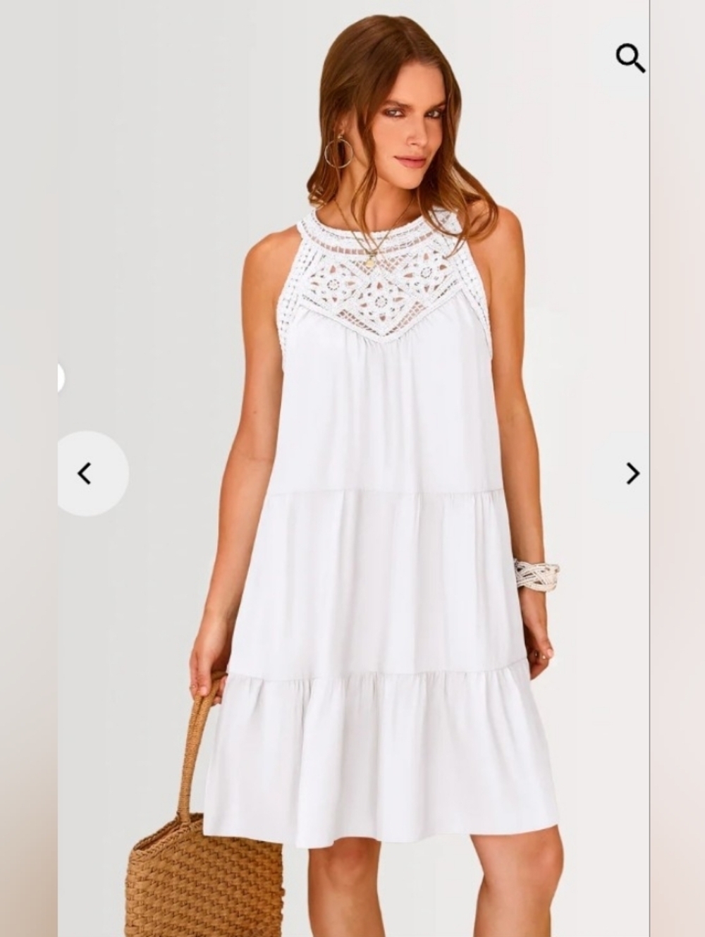 Sleeveless White Crochet Yoke Tiered Mini Dress